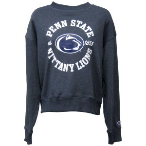 women's navy heather crew neck sweatshirt with Penn State Nittany Lions, Athletic Logo, and Est. 1855